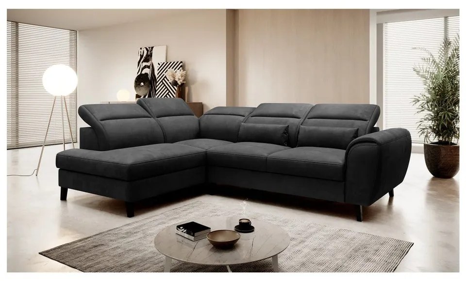 Divano angolare grigio scuro allungabile/con contenitore (con penisola a sinistra/a L) e rivestimento in velluto Noble – ELTAP