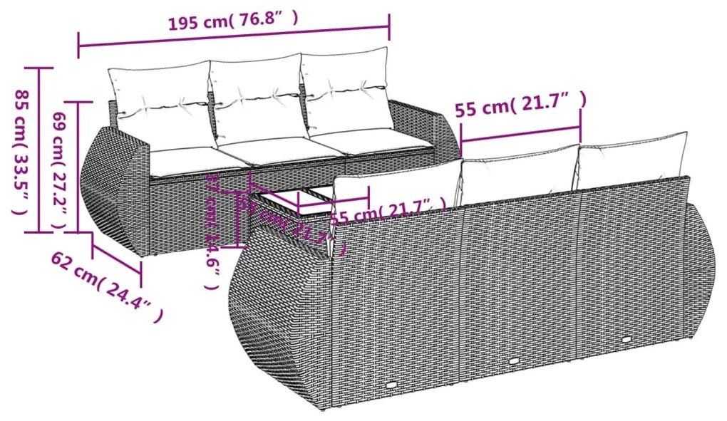 Set divani da giardino 7pz con cuscini grigio chiaro polyrattan