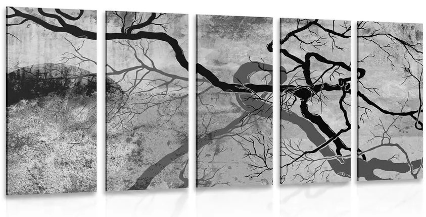 Quadri 5 pezzi – Alberi surrealisti in bianco e nero
