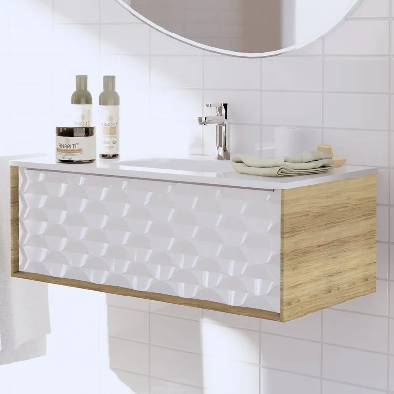 Mobile sottolavabo e lavabo Neo rovere miele/bianco 3d L 90 x H 32 x P 48 cm 1 vasca