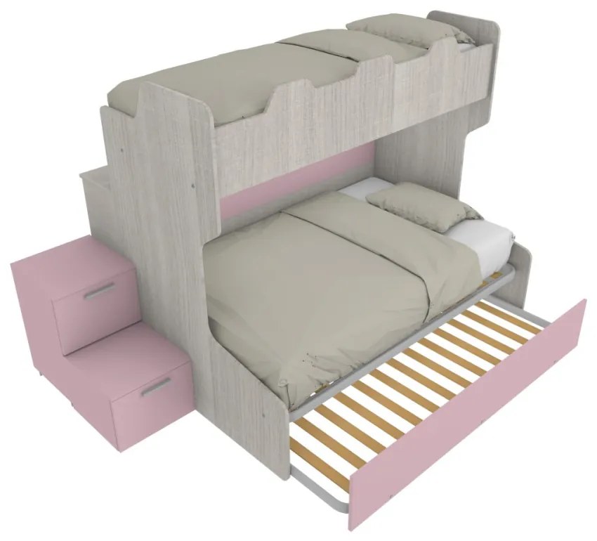 SMART120B - Letto a castello con ballatoio retro e letto inferiore da una piazza e mezza con gradinata contenitore