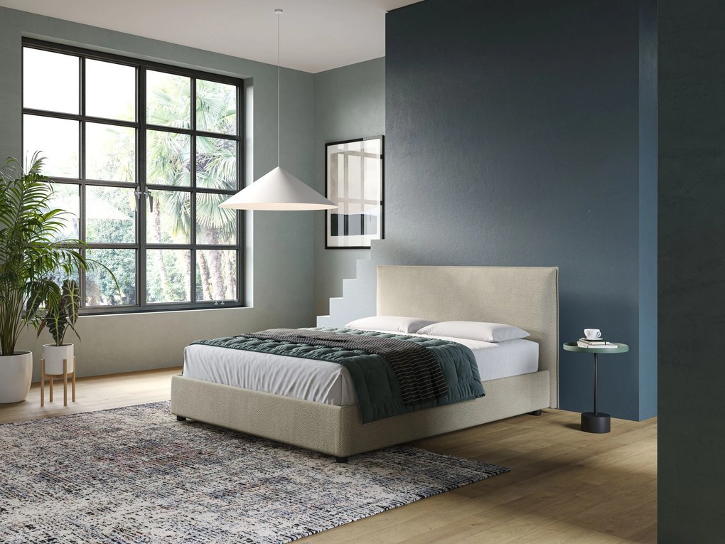Nina letto contenitore dal design minimal in microfibra effetto pelle smacchiabile panna