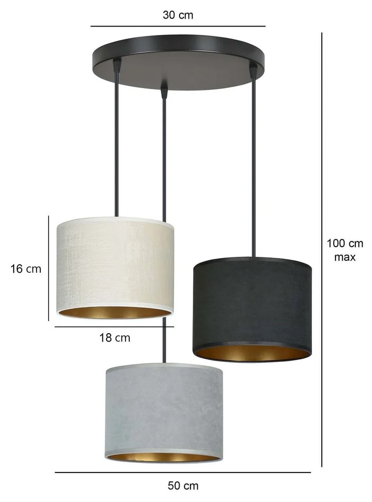 Lampadario Tondo 3 Luci Hilde In Acciaio Nero E Paralumi In Tessuto Multicolore