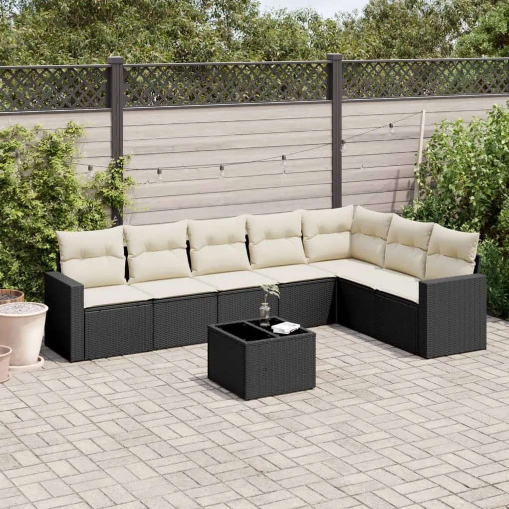Set divani da giardino con cuscini 8 pz nero in polyrattan