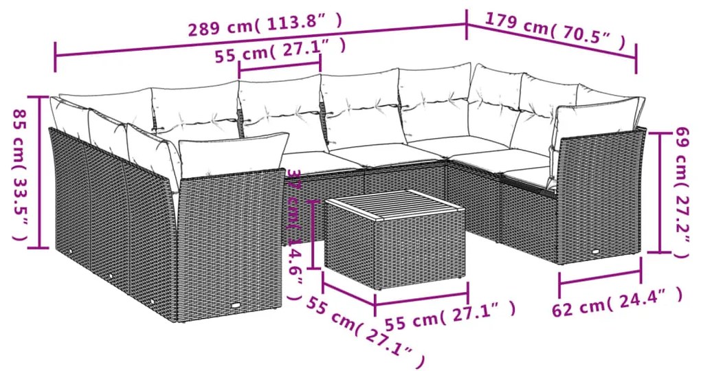 Set Divano da Giardino 10 pz con Cuscini Grigio in Polyrattan