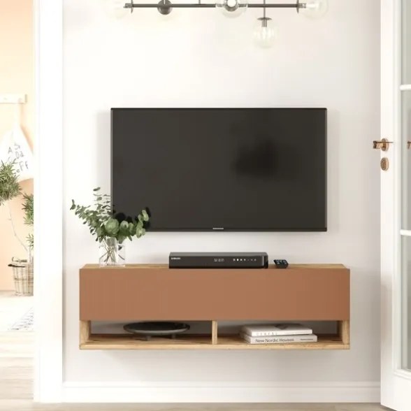 Mobile Tv Sospeso 100x32x30 2 Vani Effetto Legno Rovere E Rosso Frame