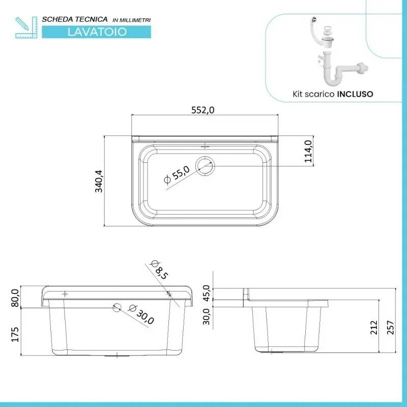 Mobile lavatoio salvaspazio 55x34 cm vasca completa di kit di scarico