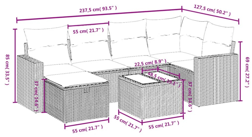 Set divano da giardino 7 pz con cuscini beige misto polyrattan