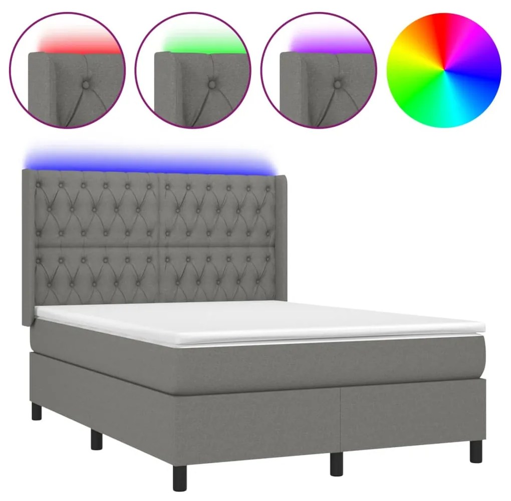 Letto a Molle Materasso e LED Grigio Scuro 140x200cm in Tessuto