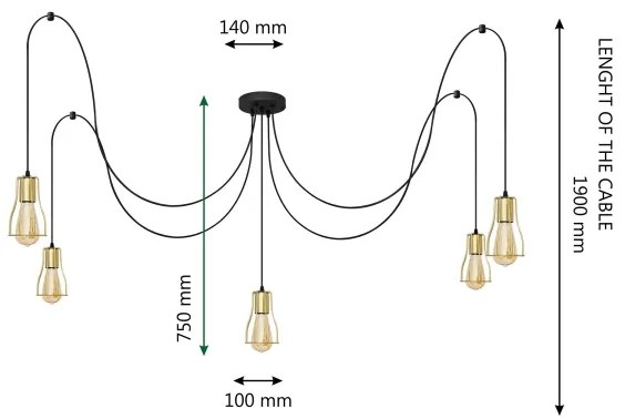 Lampadario a sospensione con filo TUBE 5xE27/15W/230V ragno nero/oro