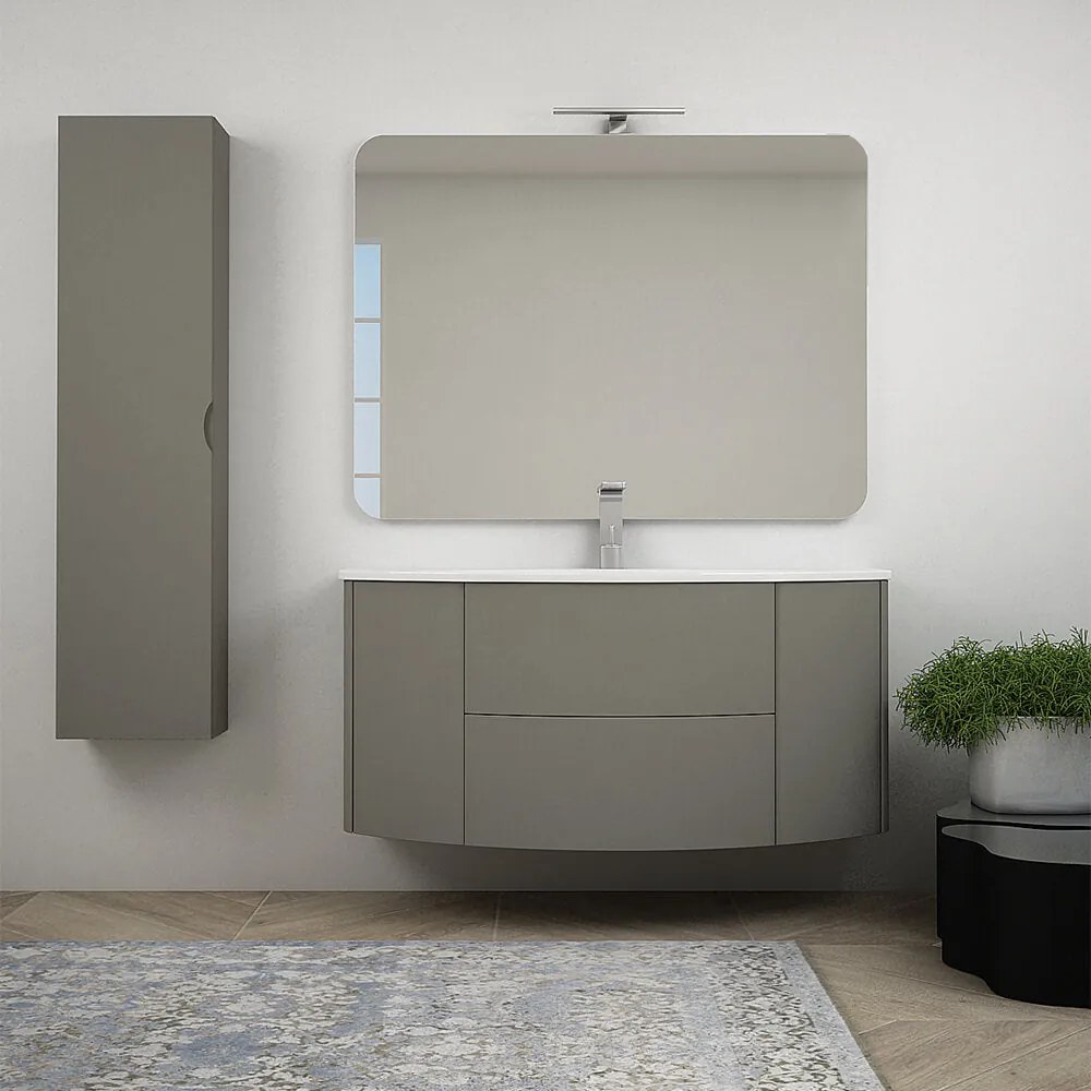 Mobile da bagno sospeso 120 cm Nairobi Grigio talpa opaco con specchio filo lucido e colonna da 140 cm