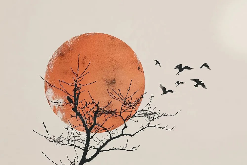 Quadro su tela – Japandi luna con stormo di uccelli