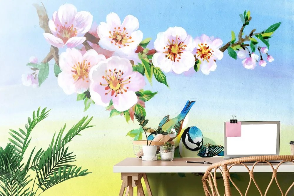 Carta da parati – Cinciallegre e fiori in fiore
