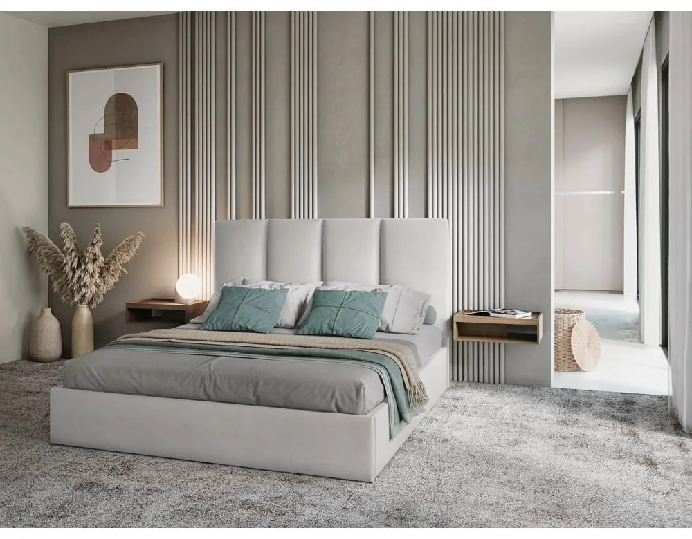 Letto matrimoniale imbottito grigio chiaro con contenitore con griglia 140x200 cm Juniper - Mazzini Beds