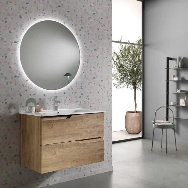 Mobile da bagno sospeso BORA base 80 cm a 2 cassetti con lavabo ROVERE NODI