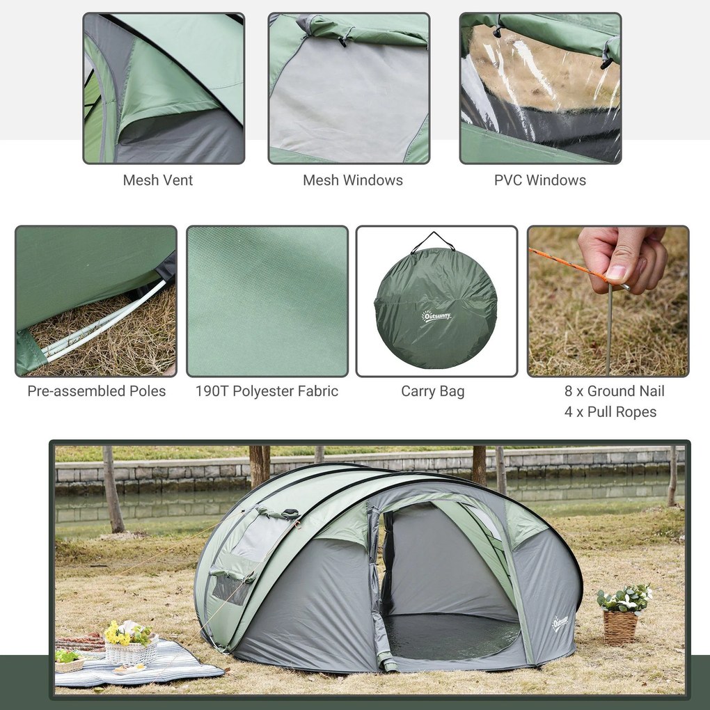 Tenda da Campeggio Pop Up 4-5 Persone 263,5x220x123 cm con Porte e Finestre Verde e Grigio...