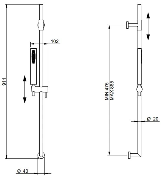 Treemme Hedò RWIT0947CC25 asta doccia 91 cm con saliscendi e doccetta senza presa acqua cromo