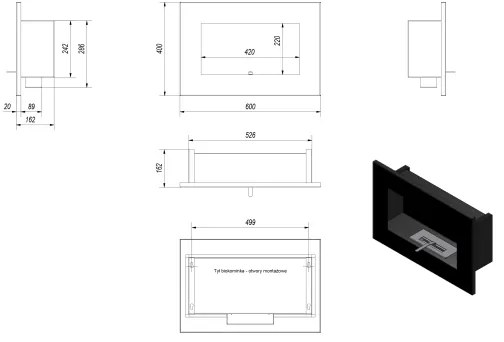 Camino a bioetanolo incasso DELTA 40x60 cm 2kW nero