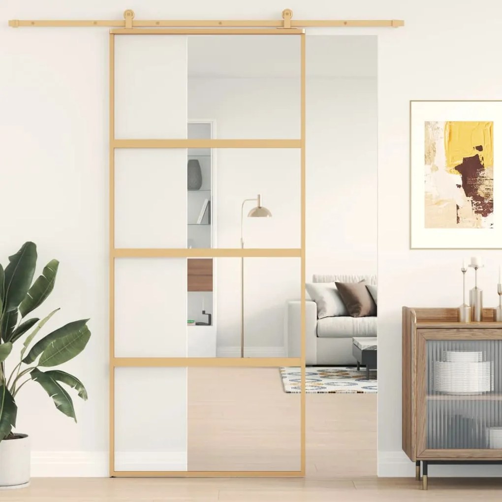 Porta Scorrevole Dorata 90x205 Vetro Trasparente Esg Alluminio /