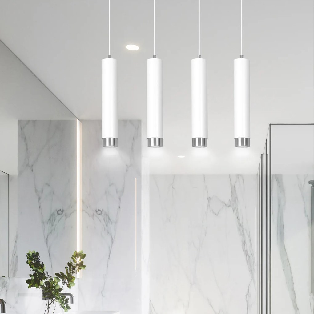 Lampadario 4 Luci Brunilde In Acciaio Bianco E Tubolari In Bianco E Cromo