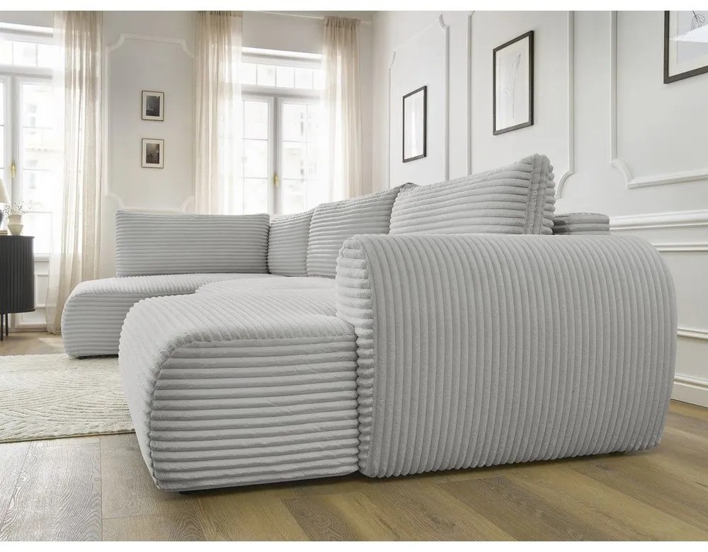 Divano angolare grigio chiaro allungabile/con contenitore (con penisola a sinistra/a U) con rivestimento in velluto a coste Lucien – Bobochic Paris