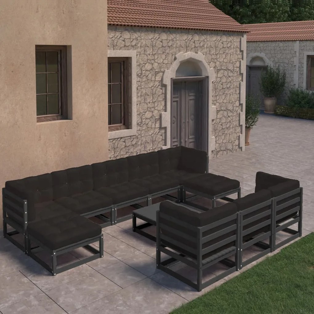 Set divani da giardino 11 pz con cuscini massello di pino nero