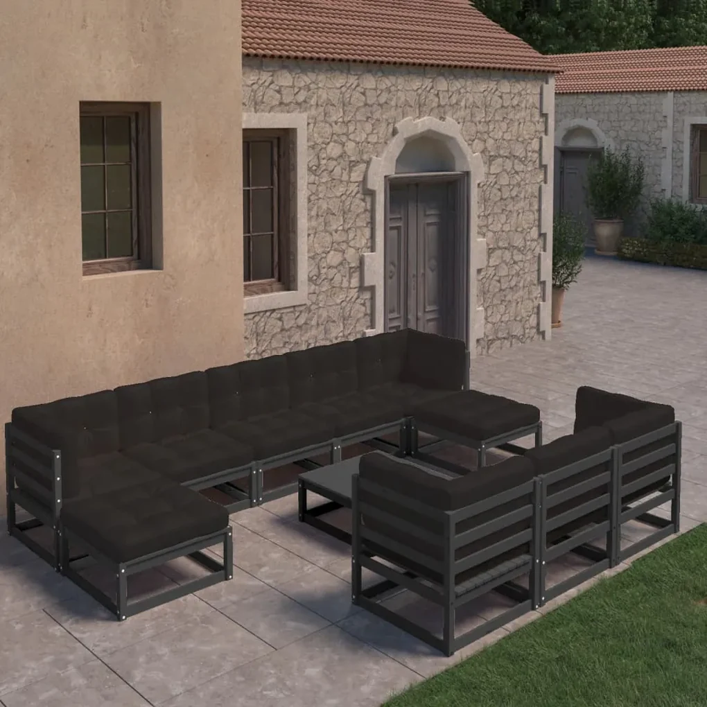 Set divani da giardino 11 pz con cuscini massello di pino nero