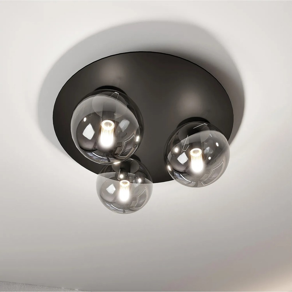 Plafoniera Minimal 3 Luci Mnemosine In Acciaio Nero E Sfere Di Vetro Fumè