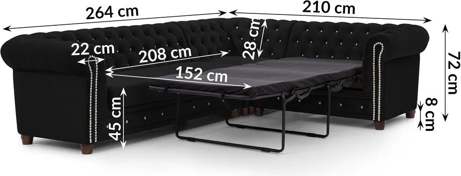 Divano angolare nero allungabile (con penisola a destra/a L) con rivestimento in velluto York Blik – Ropez