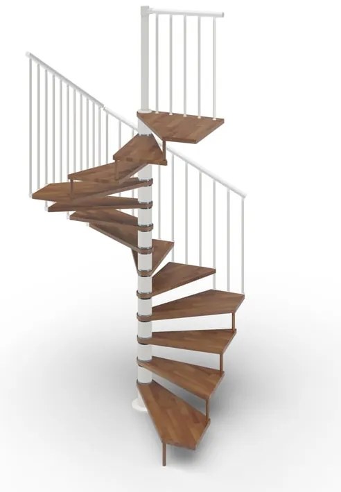 Scala a chiocciola a base quadrata Nara IRIS, larghezza 140 cm, struttura in metallo bianco, gradini in legno noce