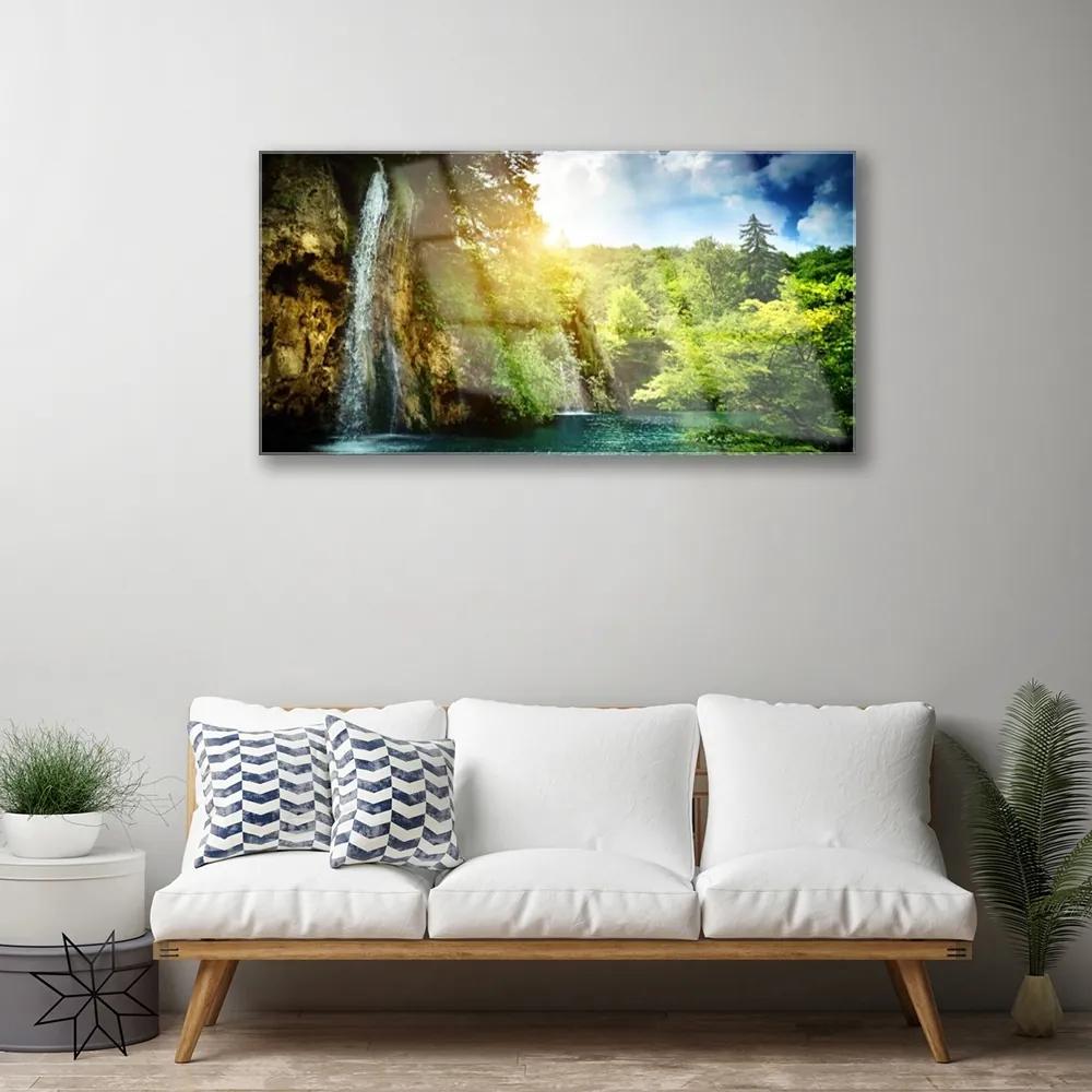 Quadro su vetro acrilico Paesaggio degli alberi della cascata 100x50 cm