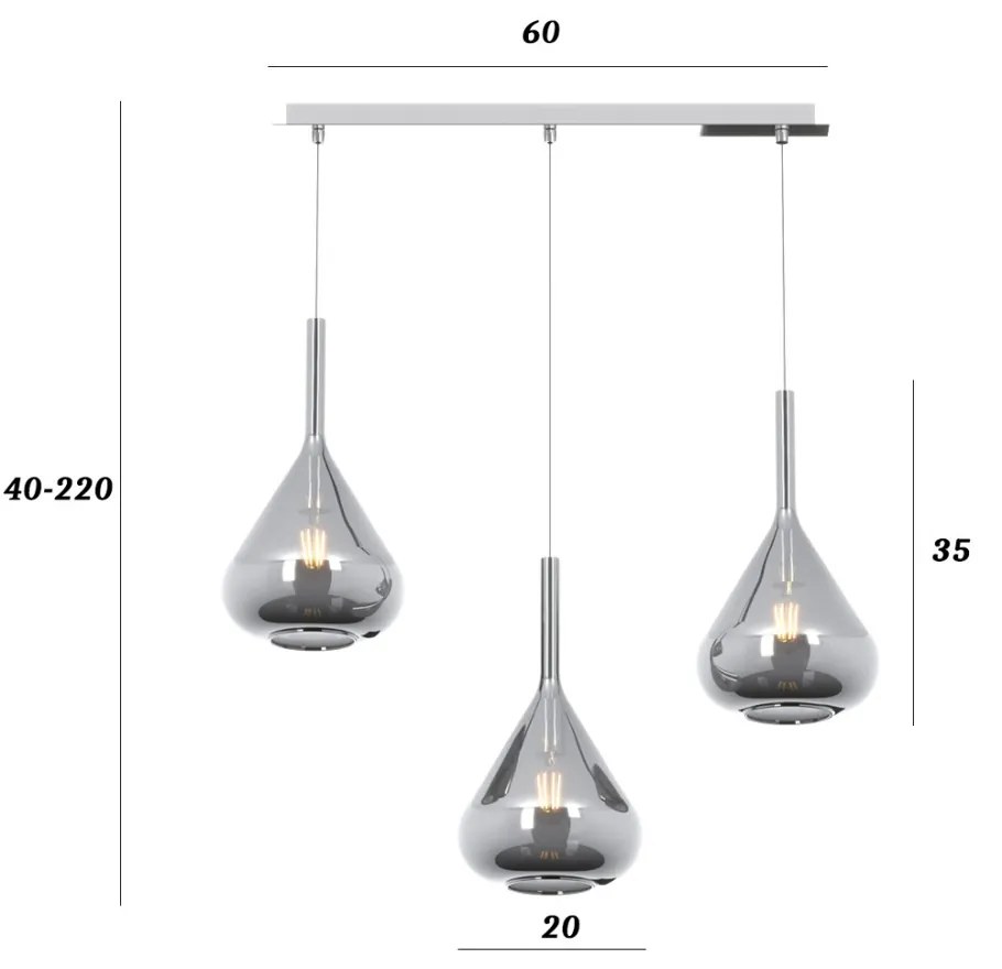 Sospensione Contemp Rett Kona Metallo Cromo Vetro Fumè 3 Luci E27