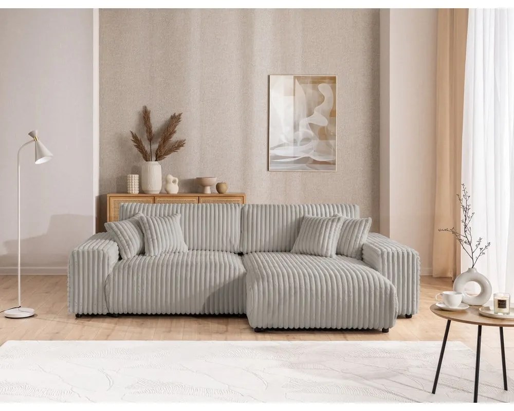 Divano angolare con penisola a destra grigio chiaro e rivestimento in velluto a coste allungabile e con contenitore Sarina – Ropez