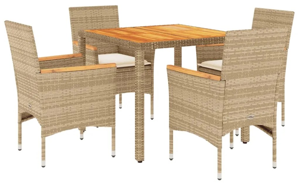 Set pranzo da giardino 5 pz con cuscini beige polyrattan acacia