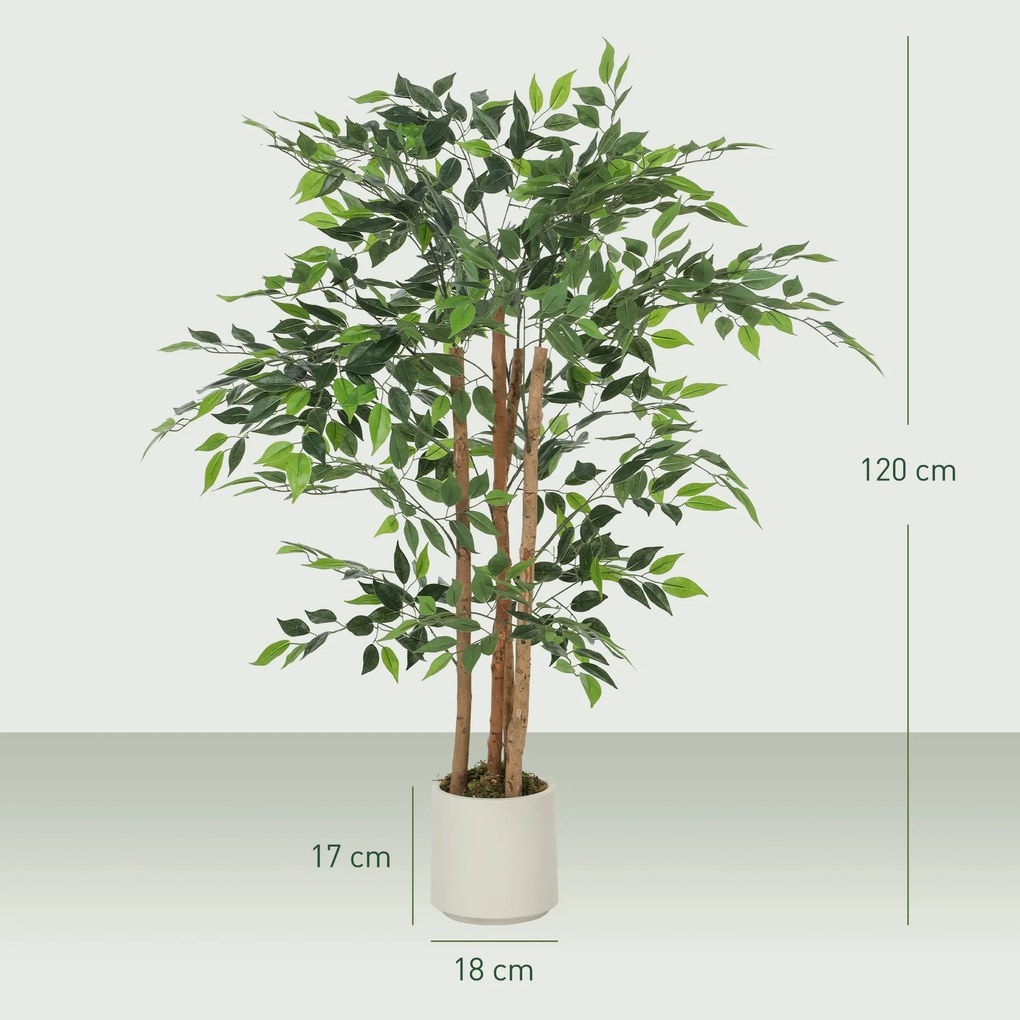 Pianta Artificiale di Baniano Alta 120 cm Verde in PEVA e Legno con Vaso Contenitore in PP e Cemento Bianco...