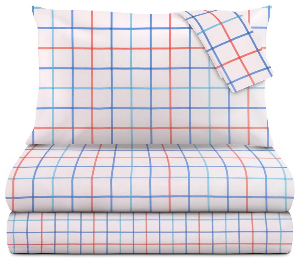 Completo letto matrimoniale quadrettato blu rosso cotone