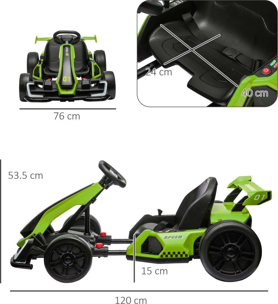 Go Kart Elettrico per Bambini 24V 12km/h con Seggiolino Regolabile Verde...