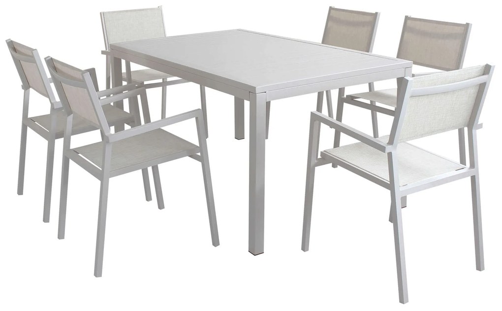 OMEN - set tavolo in alluminio e teak cm 150 x 90 x 74 h con 6 poltrone Aulus