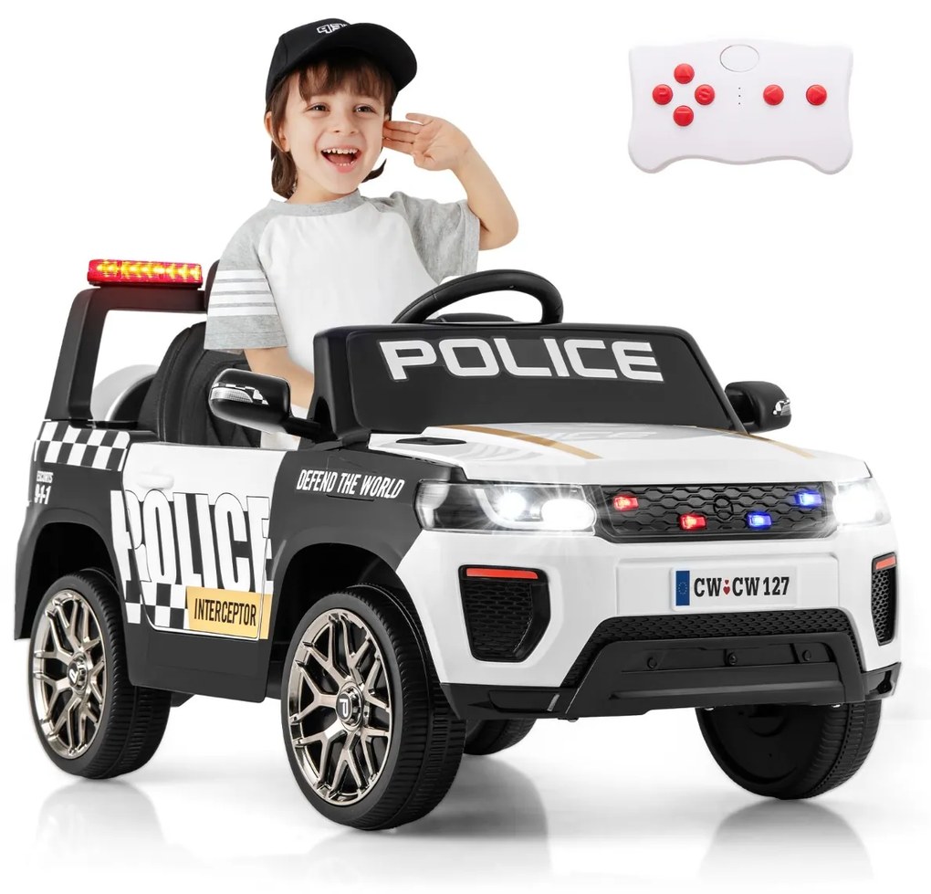 Costway Auto della polizia per bambini con telecomando connessione wireless musica clacson sirena e luci LED, Auto elettrica Bianco