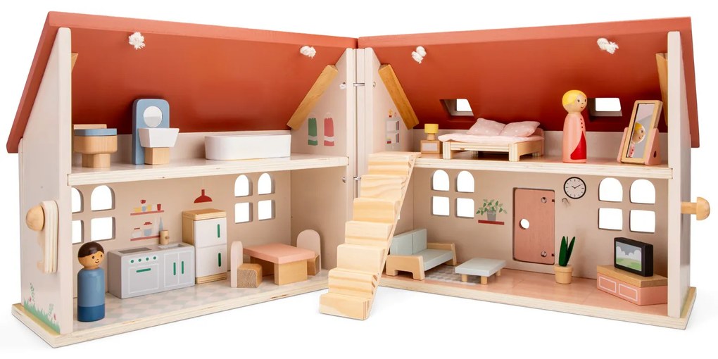 Casa delle bambole pieghevole in legno con mobili