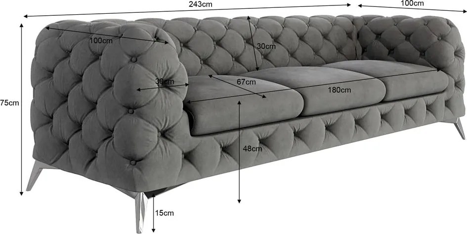 Divano grigio con rivestimento in velluto 243 cm Chelsea – Ropez