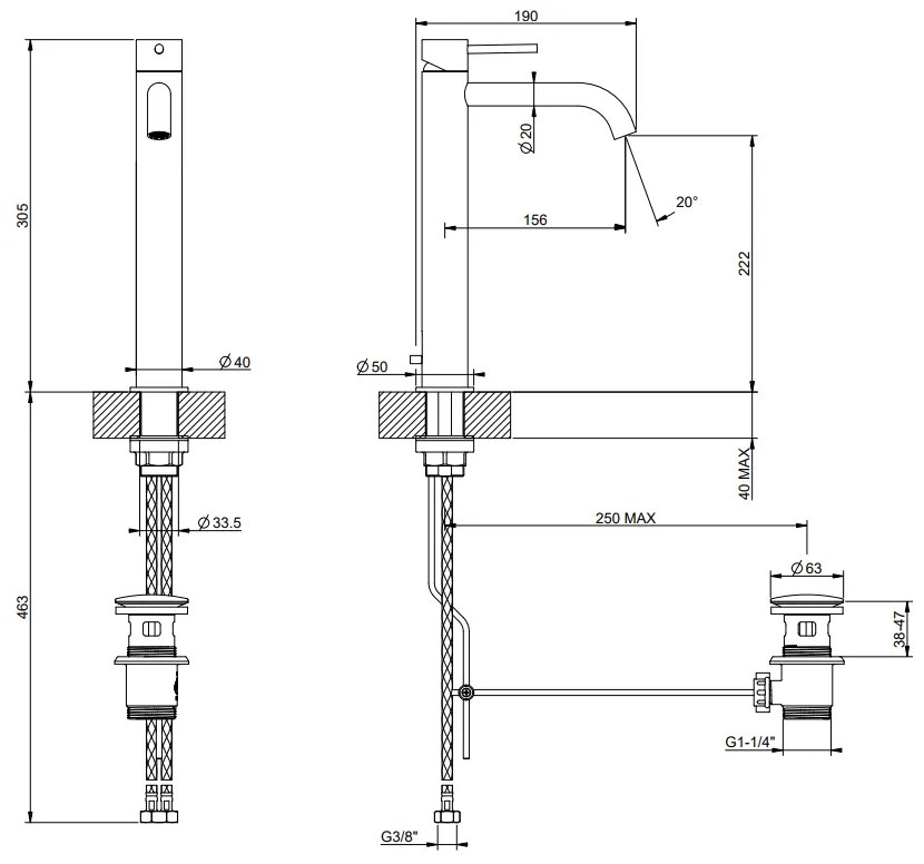 Miscelatore lavabo alto bocca lunga con scarico steel brushed flessa 54003 gessi