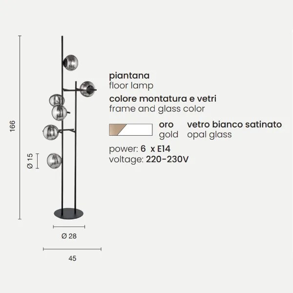 Piantana JEWEL in metallo Oro e diffusore in vetro Bianco H166 cm