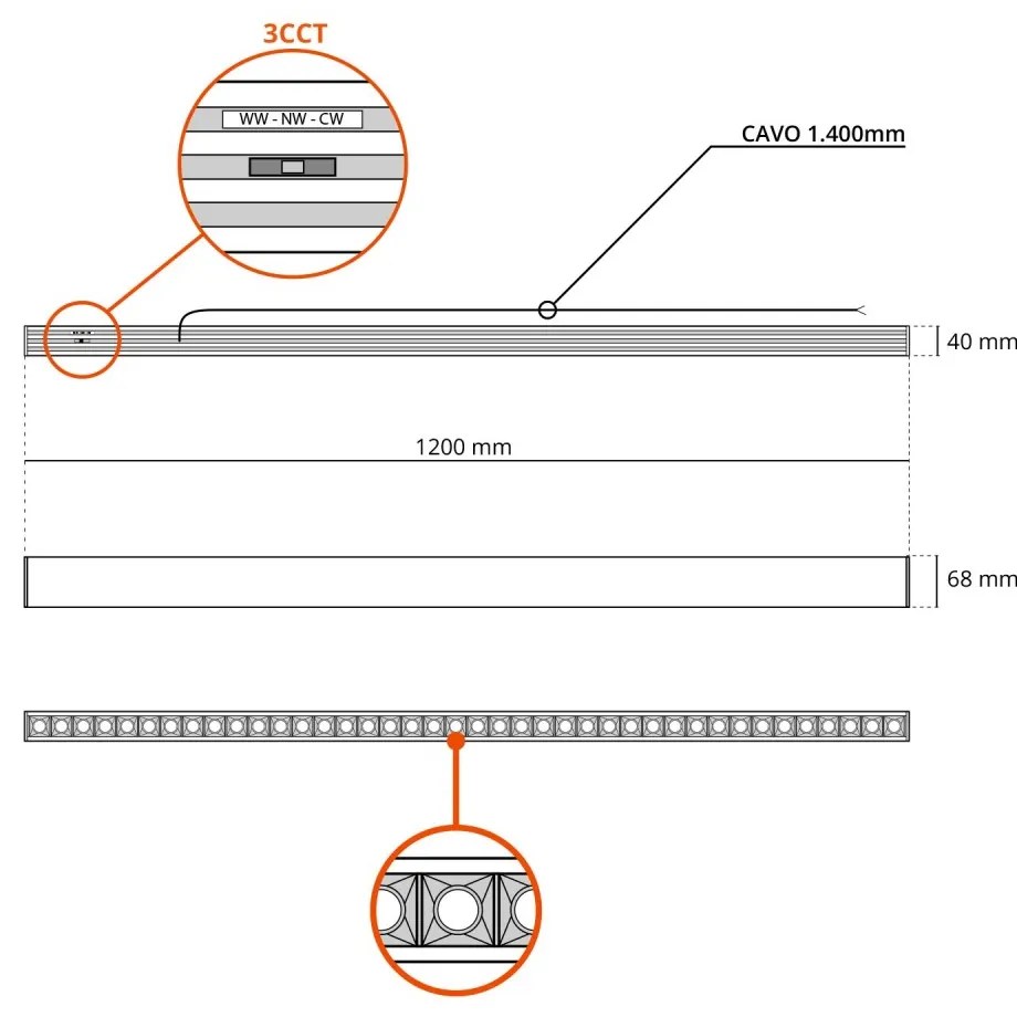 Lampada Lineare LED Sospesa 40W 120cm con driver Philips Bianca o nera Colore Bianco Variabile CCT, Colore del corpo Nero