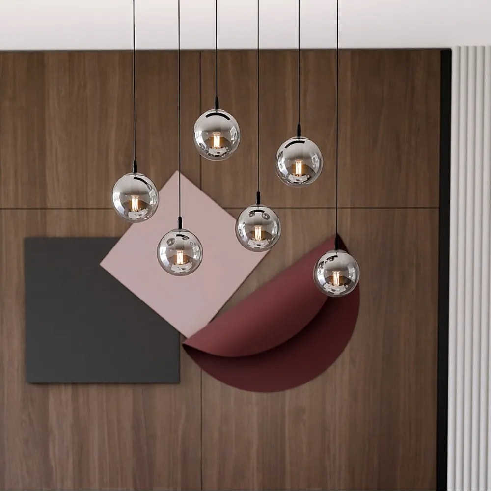 Lampadario a Sospensione in Acciaio e Vetro COSMO 6 Nero 6xE14 Colore delle Sfere Grafite