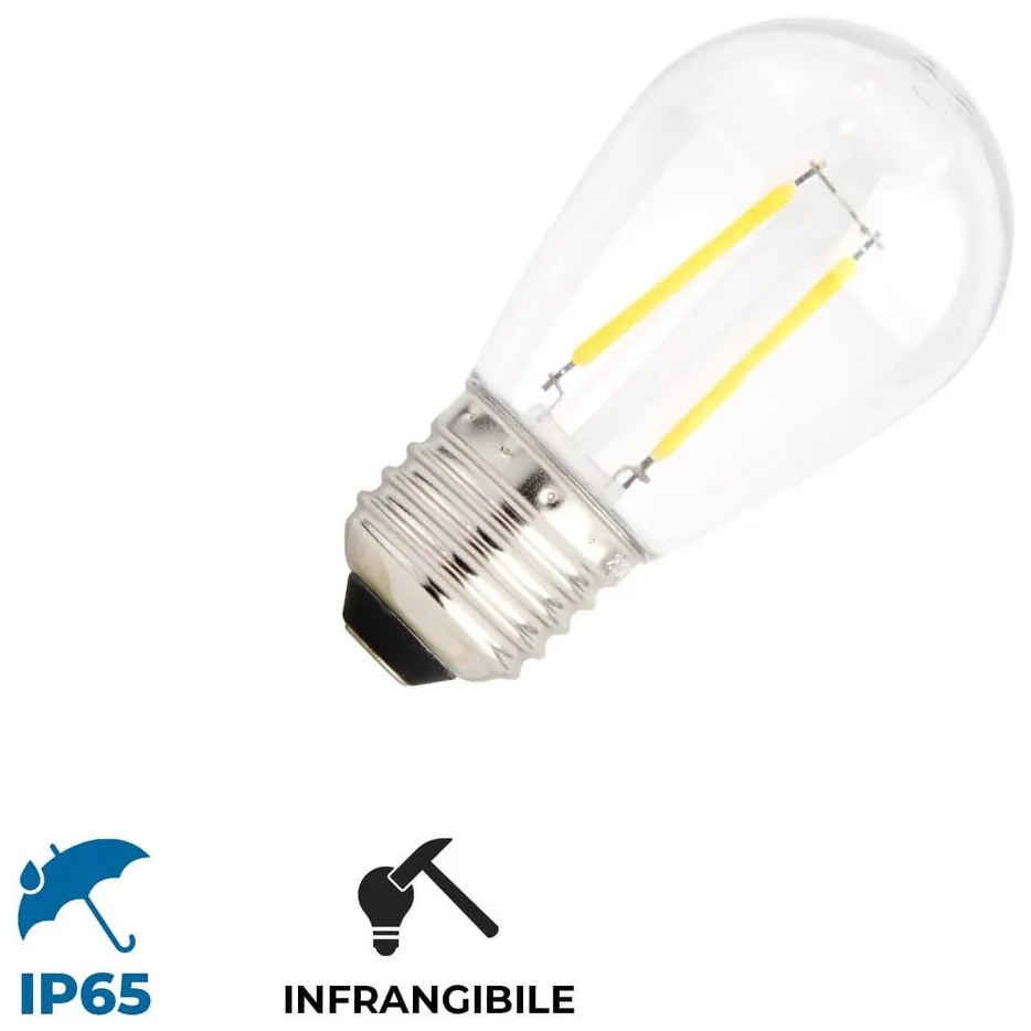 Lampada LED E27 IP65 da 2W a Filamento S14 - INFRANGIBILE per Catenarie Colore Bianco Caldo 2.700K
