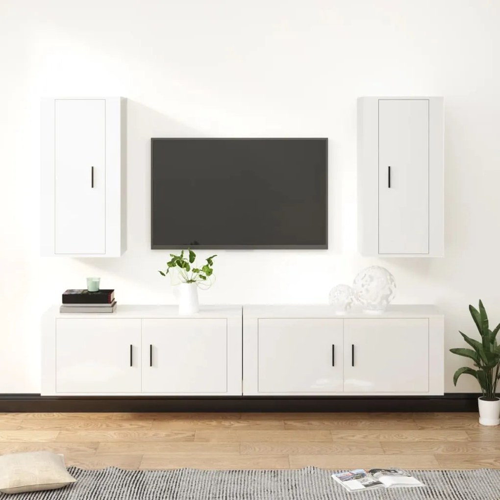 Set Di Mobili Porta Tv 4 Pz Bianco Lucido İn Legno Multistrato /