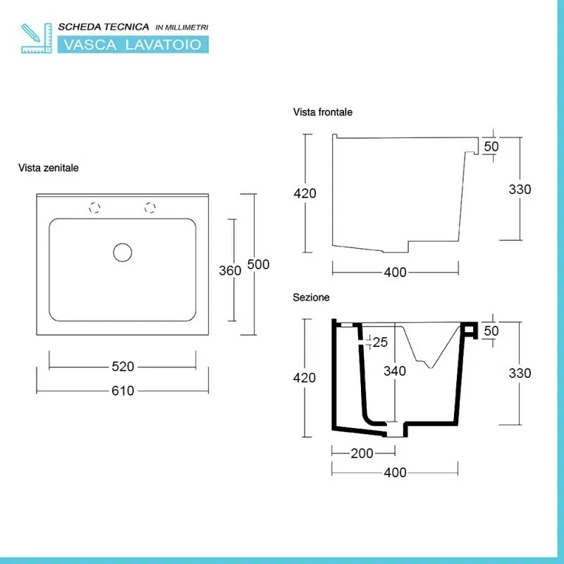 Mobile lavatoio 60x50 cm grigio calce vasca in ceramica e kit di scarico Moon