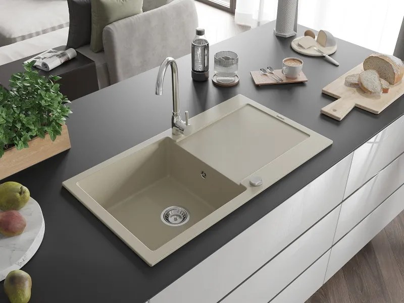Mexen Leo lavello in granito a 1 vasca con sgocciolatoio 900 x 500 mm, beige, sifone cromato - 6501901010-69