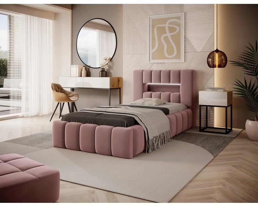 Letto singolo imbottito rosa con contenitore con rete inclusa 90x200 cm Lamica – ELTAP